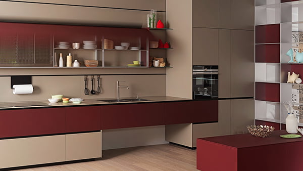 nachhaltige küche von valcucine in der farbe rot mit beige