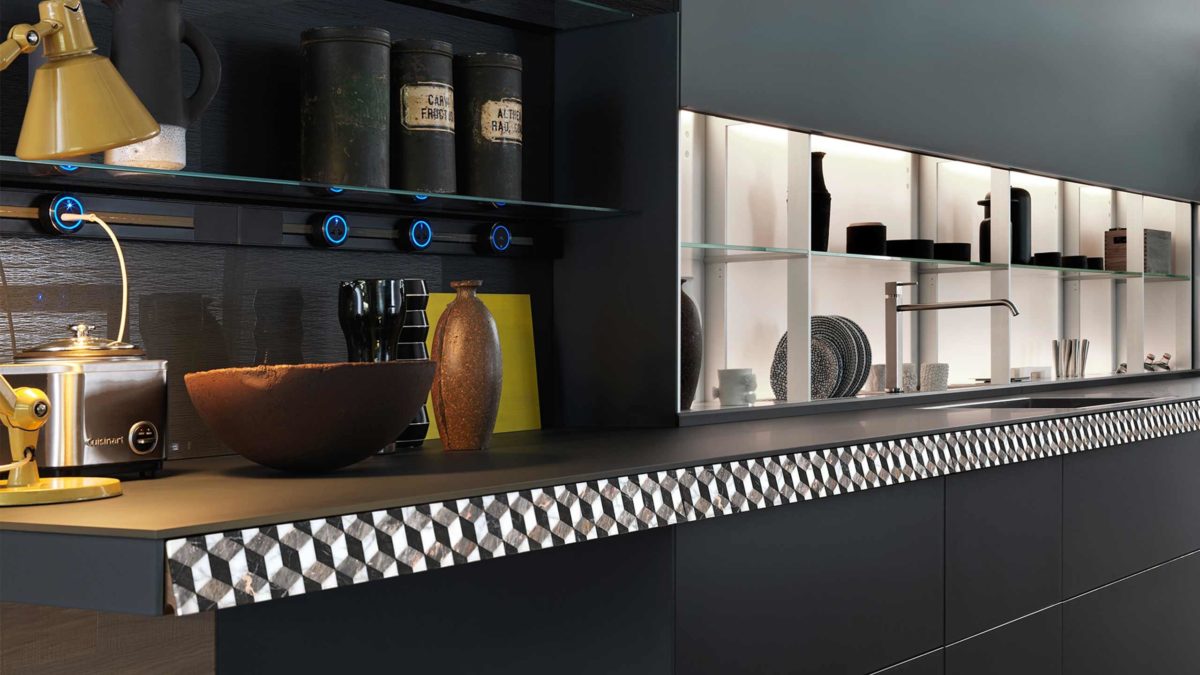 valcucine genius loci küche mit kubus marmor design schwarz weiss