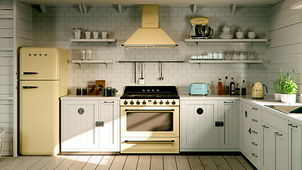smeg retro geräte in pastellgelb in einer weißen landhaus eckküche
