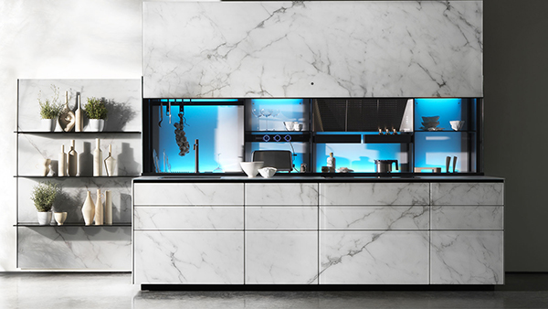 valcucine glas küchenfront in marmor optik