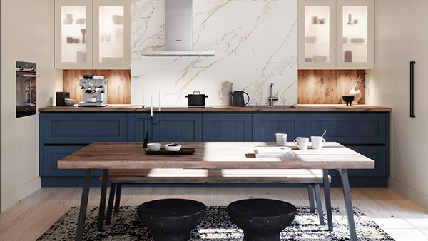 häcker hampton küche mit marmor holz und fronten in dunkelblau
