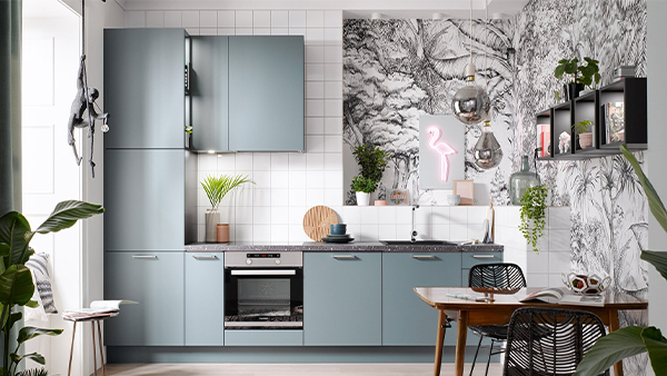 häcker küche in blau grau