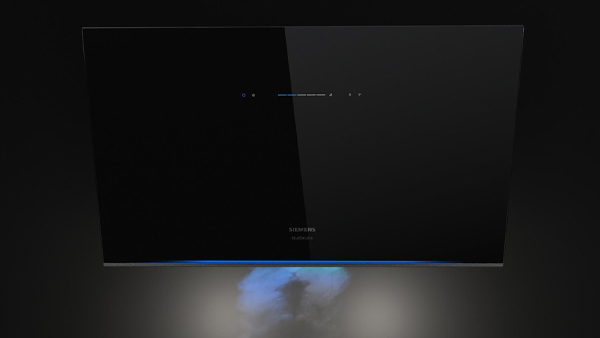 siemens iq700 glas-kopffrei-dunstabzugshaube mit blauem licht und dampf