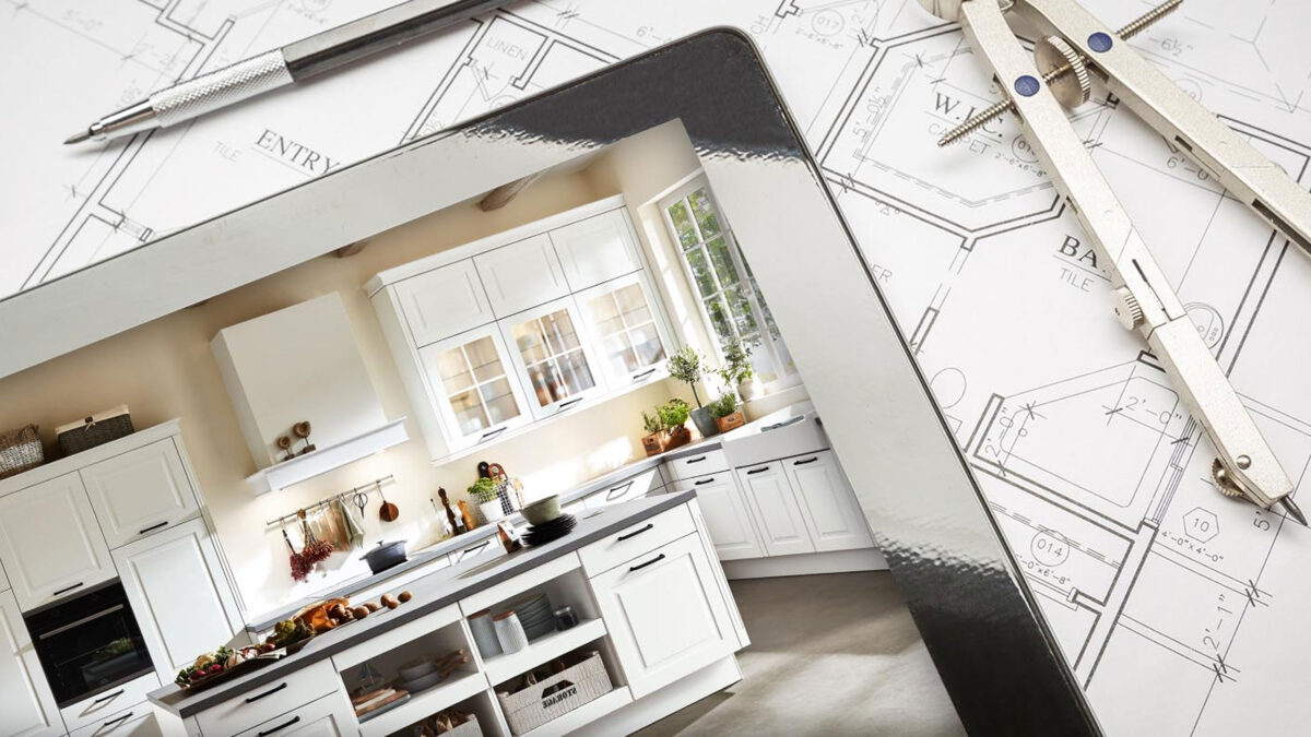 tablet mit nobilia küche auf einer skizze neben zirkel