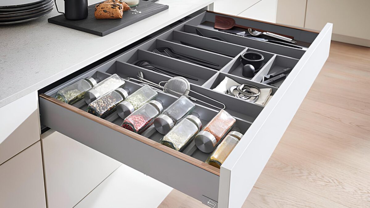 offene besteckschublade mit einsatz in einer weißen nobilia küche