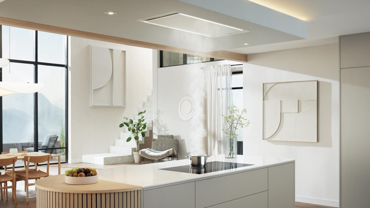 miele stella dunstabzugshaube für die decke in einer weißen modernen küche