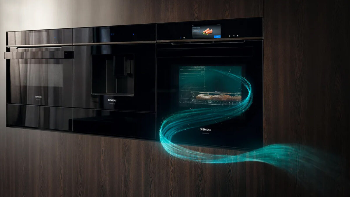 geschwungene türkisfarbene grafik, die von einem siemens iq700 backofen ausgeht