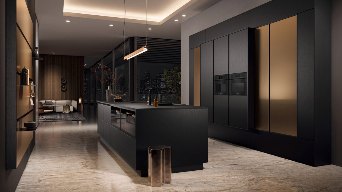 häcker metallicküche av7070 gl bronze in einem offenen loft