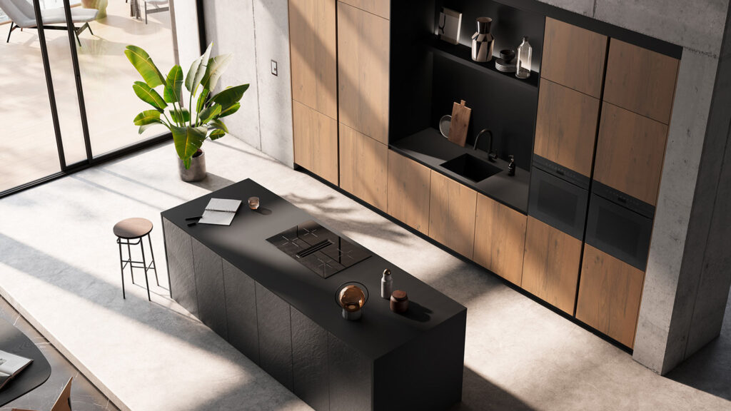 häcker black star küche av 7030 mit kochinsel von schräg oben